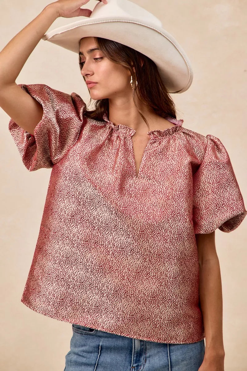BiBi Jacquard Woven Short Balloon Sleeves V Neck Top OutfitFlow