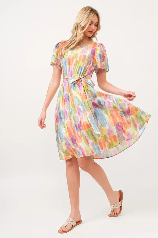 Lime 'N' Chili Watercolor Print Tie Front Midi Dress OutfitFlow