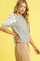 Umgee Striped Lace Puff Sleeve Blouse OutfitFlow