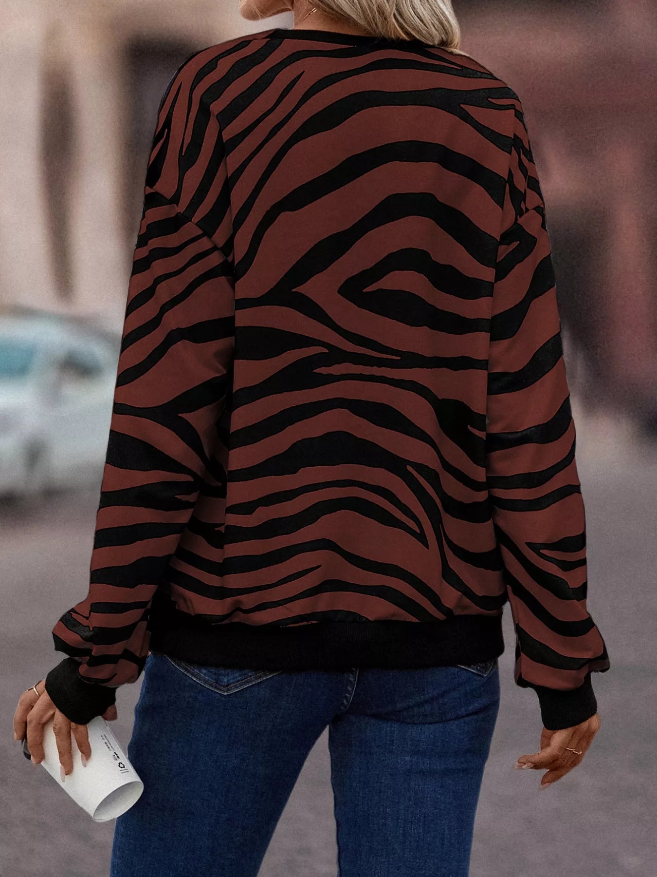 Zebra Print Round Neck Casual Sweatshirt OutfitFlow