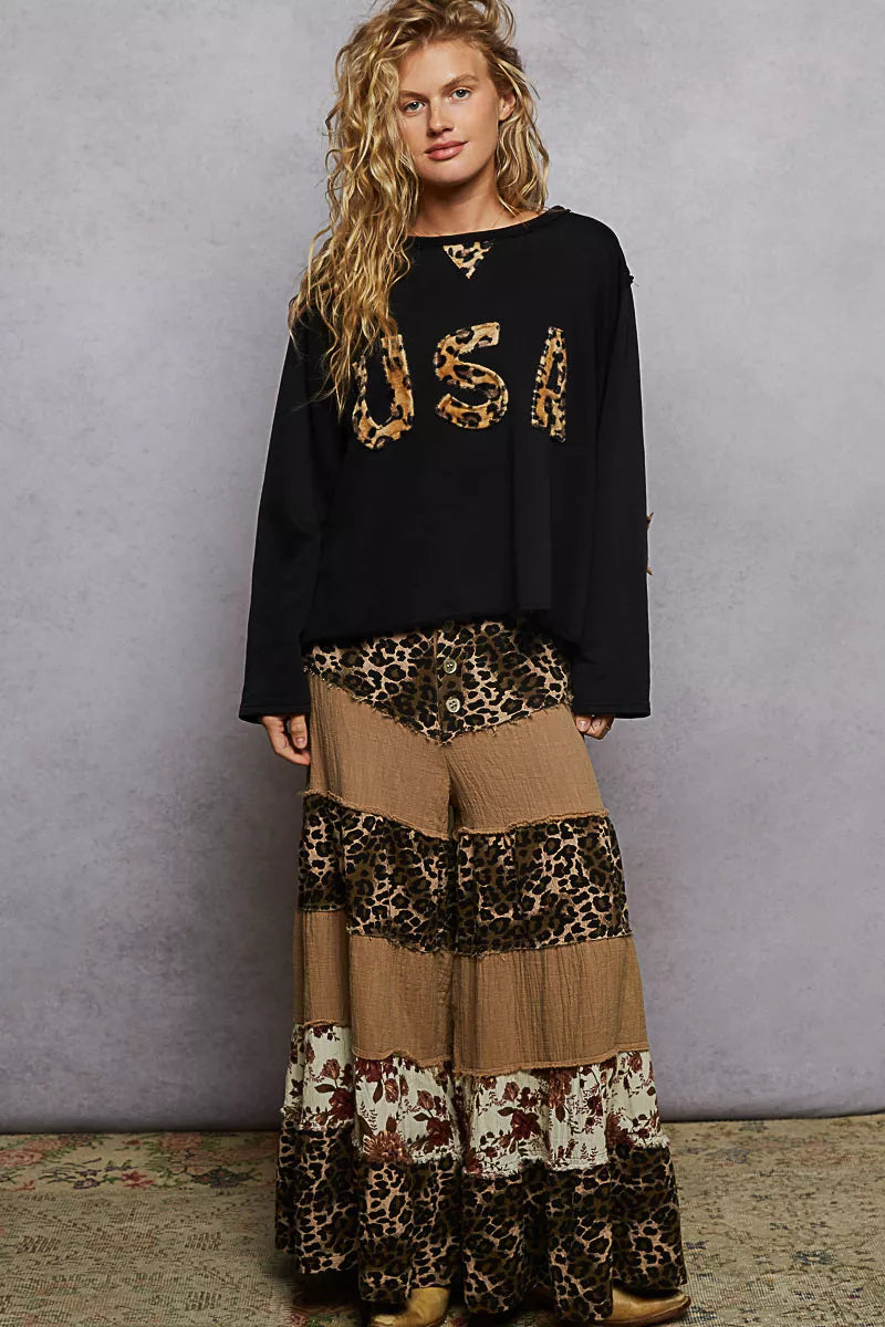 POL Round Neck Long Sleeve French Terry Sweatshirt with USA Letter Animal Patch OutfitFlow