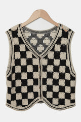 Outfit Flow - Crochet Checkered V-Neck Button Up Vest