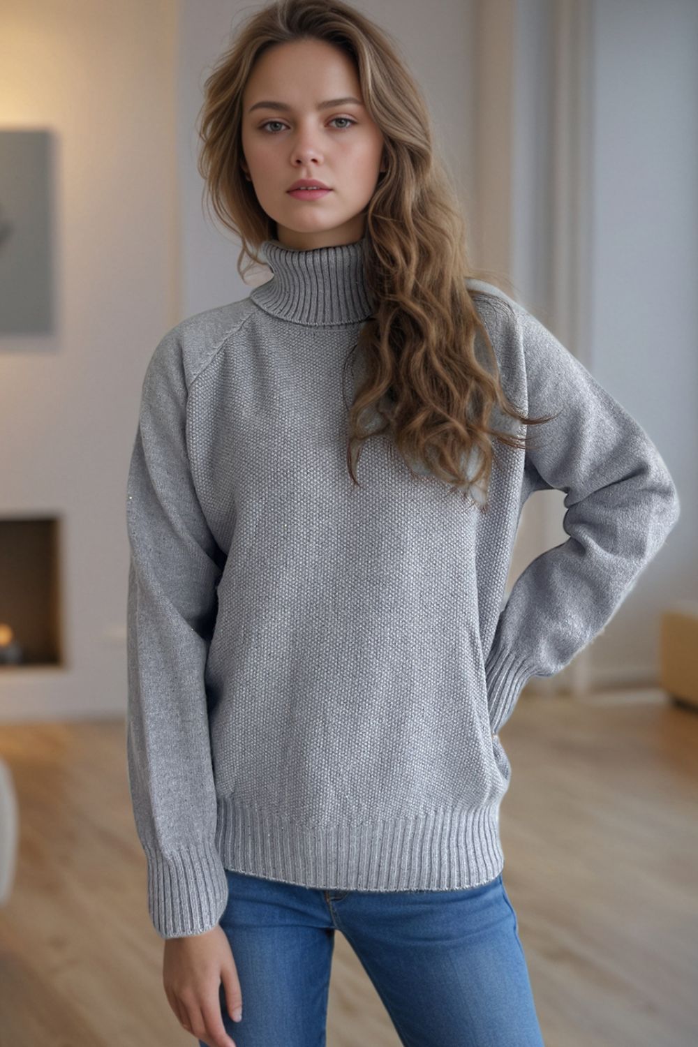 Outfit Flow - Ribbed Turtleneck Raglan Sleeve Sweater