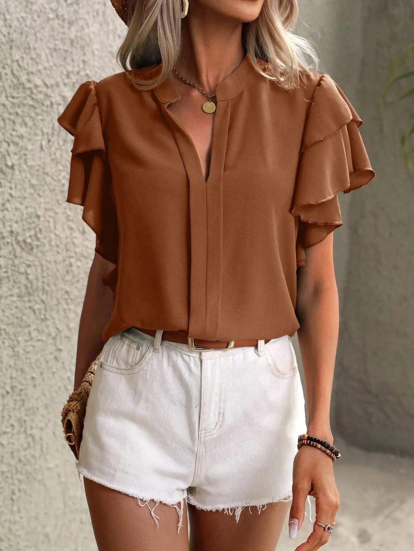 Ruffle Sleeve Notched Blouse OutfitFlow