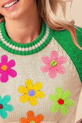 BiBi Crochet Flower Patches Striped Rib Band Sweater OutfitFlow