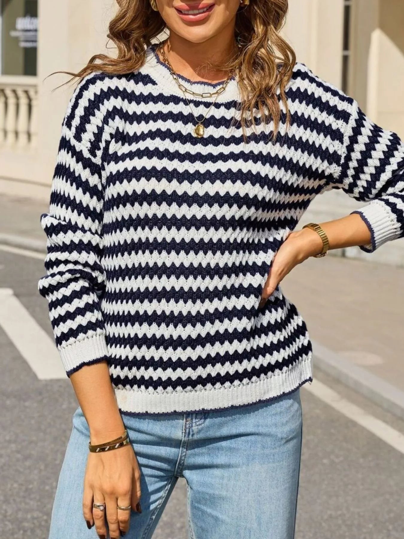 Striped Zigzag Knit Round Neck Sweater Trendsi
