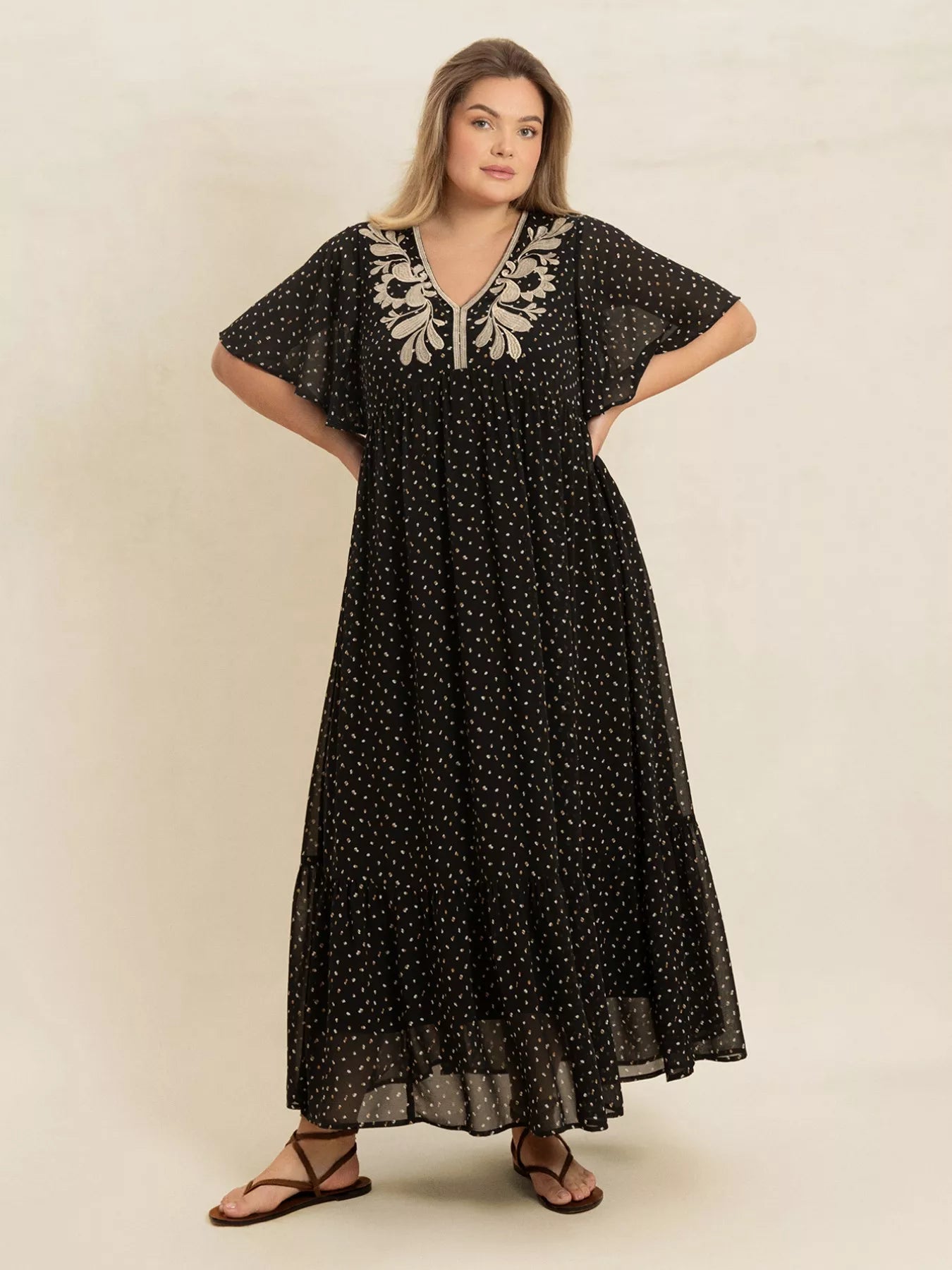 Plus Size Printed V-Neck Flutter Sleeve Maxi Dress OutfitFlow