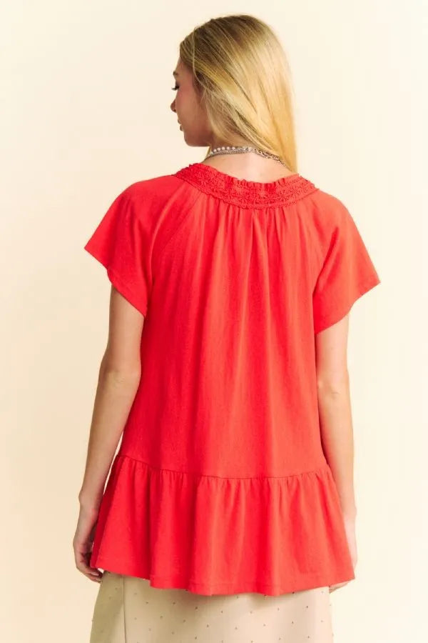 Davi & Dani Solid Lace Trim Neck Short Sleeve Peplum Top OutfitFlow