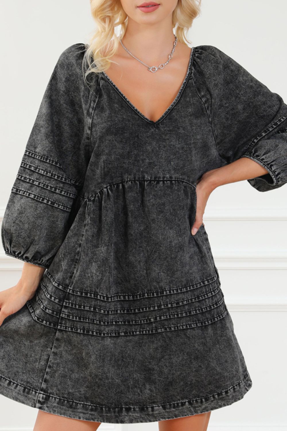 Outfit Flow - V-Neck Three Quarter Sleeve Denim Dress