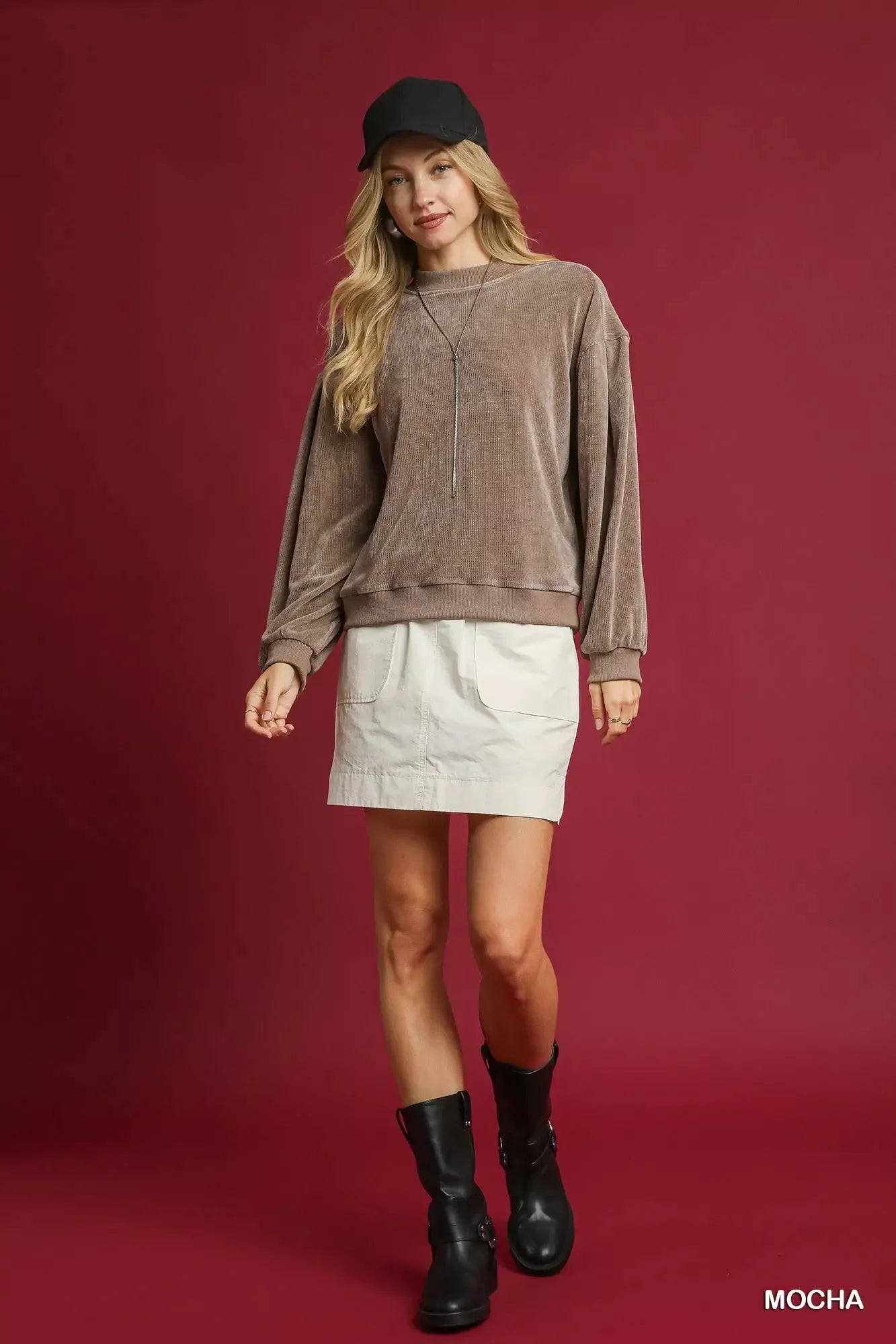 Umgee Velour Crewneck Balloon Sleeve Sweatshirt OutfitFlow