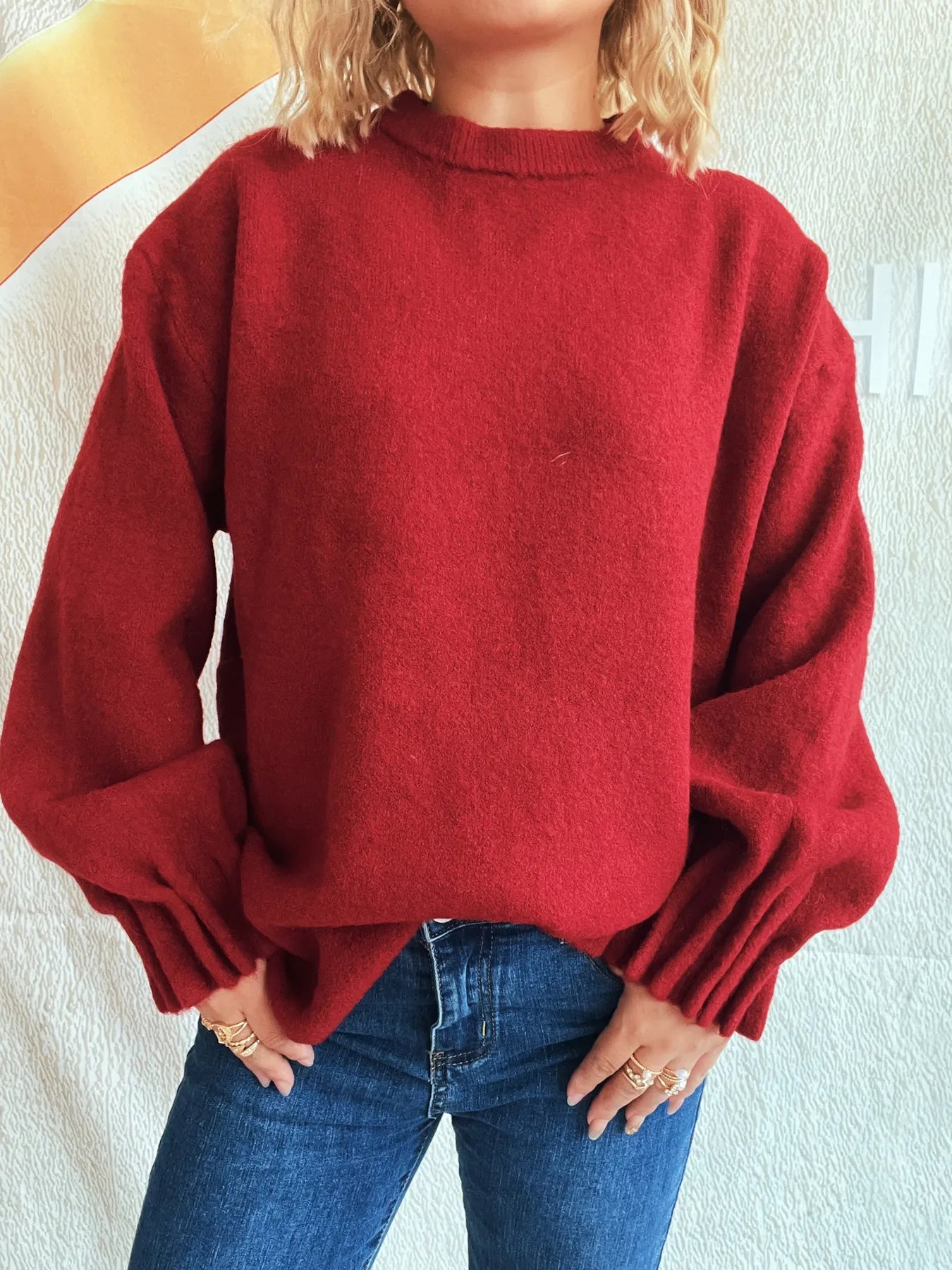 Round Neck Dropped Shoulder Sweater OutfitFlow
