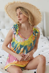 BiBi Circular Tie Dye Knit V Neck Top With Ruffle OutfitFlow