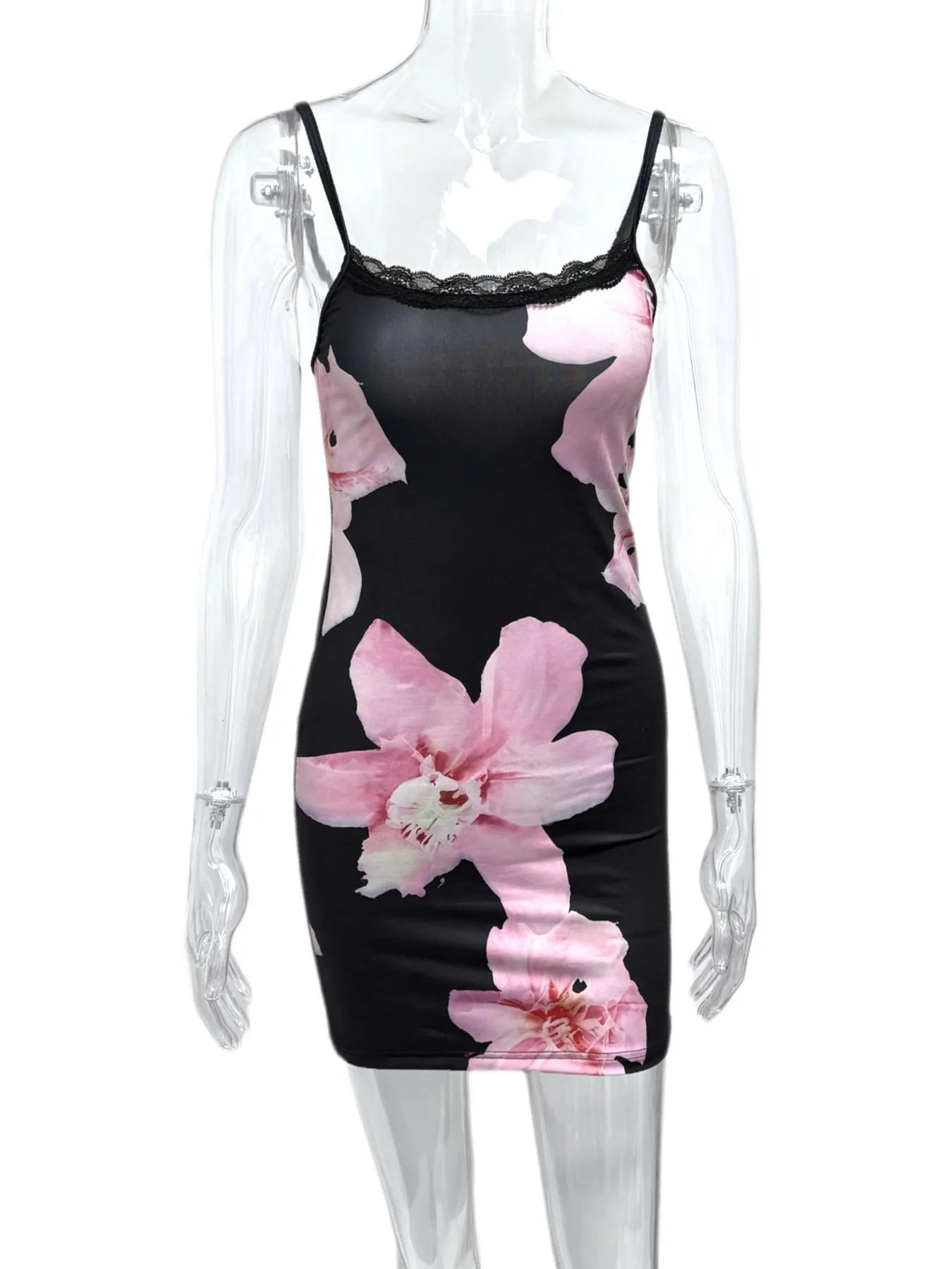 Floral Print Bodycon Cami Dress with Lace Trim OutfitFlow