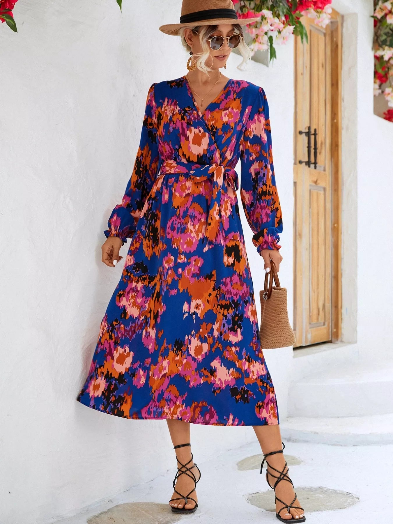 Printed Surplice Long Sleeve Midi Dress OutfitFlow