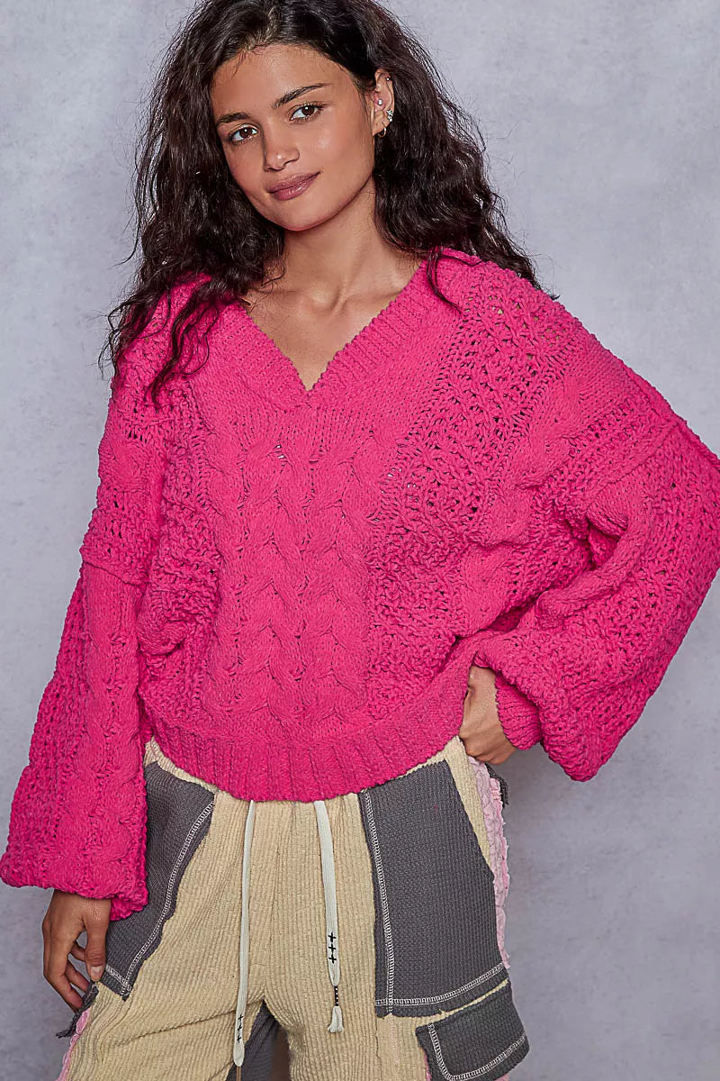 POL Cable-Knit Solid V-Neck Cropped Sweater OutfitFlow