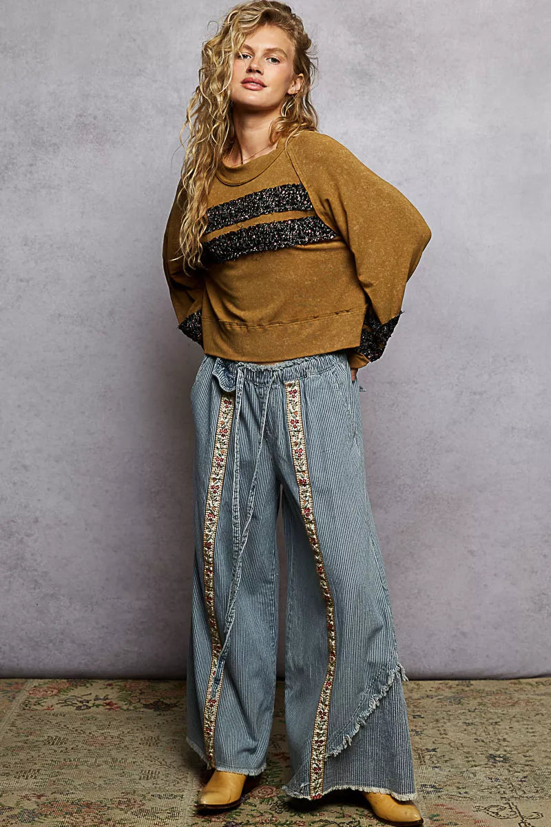 POL Print Patch Round Neck Balloon Sleeve Cropped Top OutfitFlow