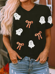 Halloween Ghost Bow Sequin Patched Drop Shoulder Sweatshirt OutfitFlow