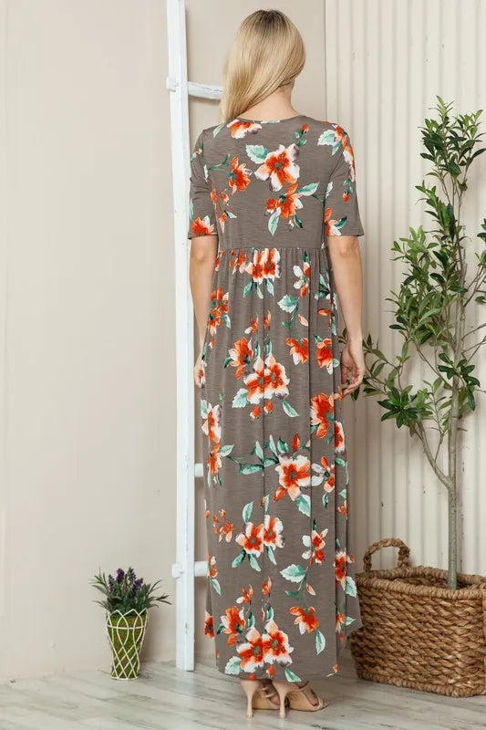 BOMBOM Floral Round Neck Short Sleeve Maxi Tee Dress OutfitFlow