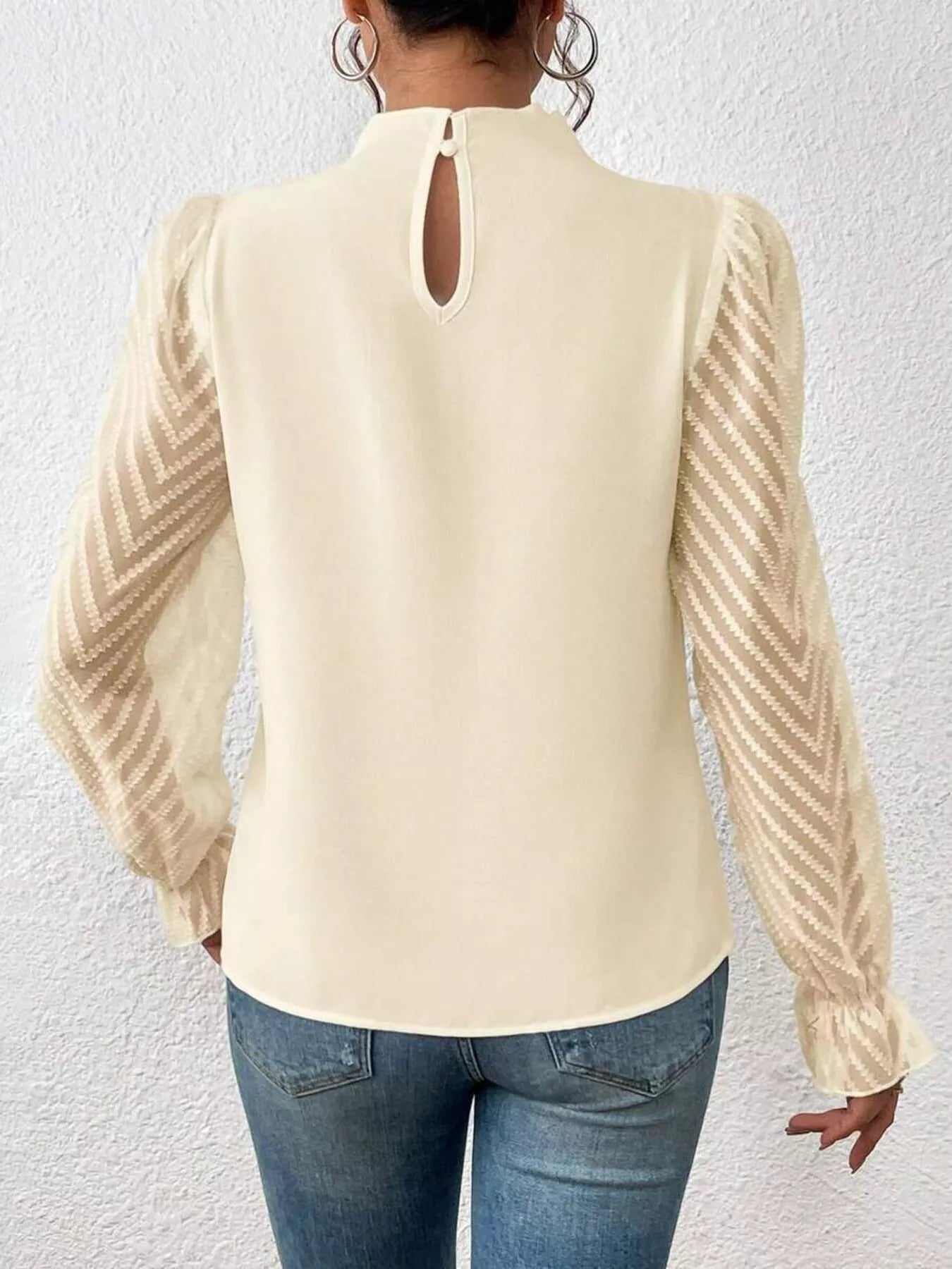 Mock Neck Sheer Lace Sleeve Blouse OutfitFlow