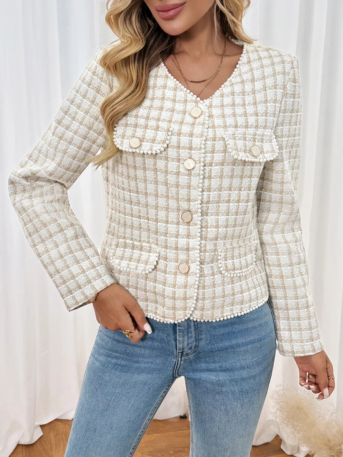 Plaid Button-Front Long Sleeve Outerwear Apricot Trendsi