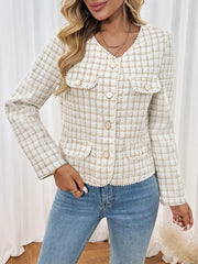 Plaid Button-Front Long Sleeve Outerwear Apricot Trendsi