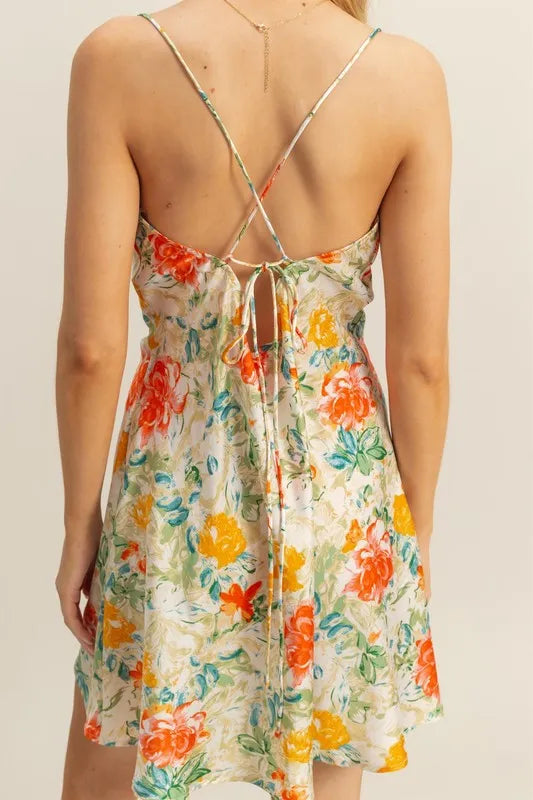 HYFVE Floral Cowl Neck Flirty Satin Mini Dress OutfitFlow