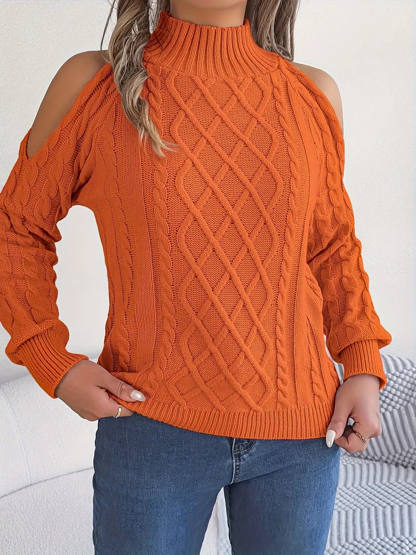 Cable Knit Cold Shoulder Turtleneck Sweater OutfitFlow