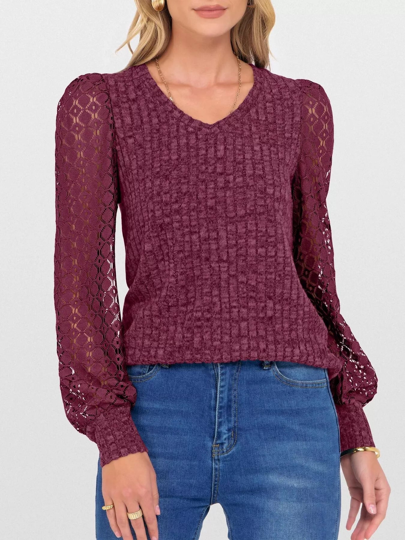 Lace Sleeve V-Neck T-Shirt Burgundy OutfitFlow