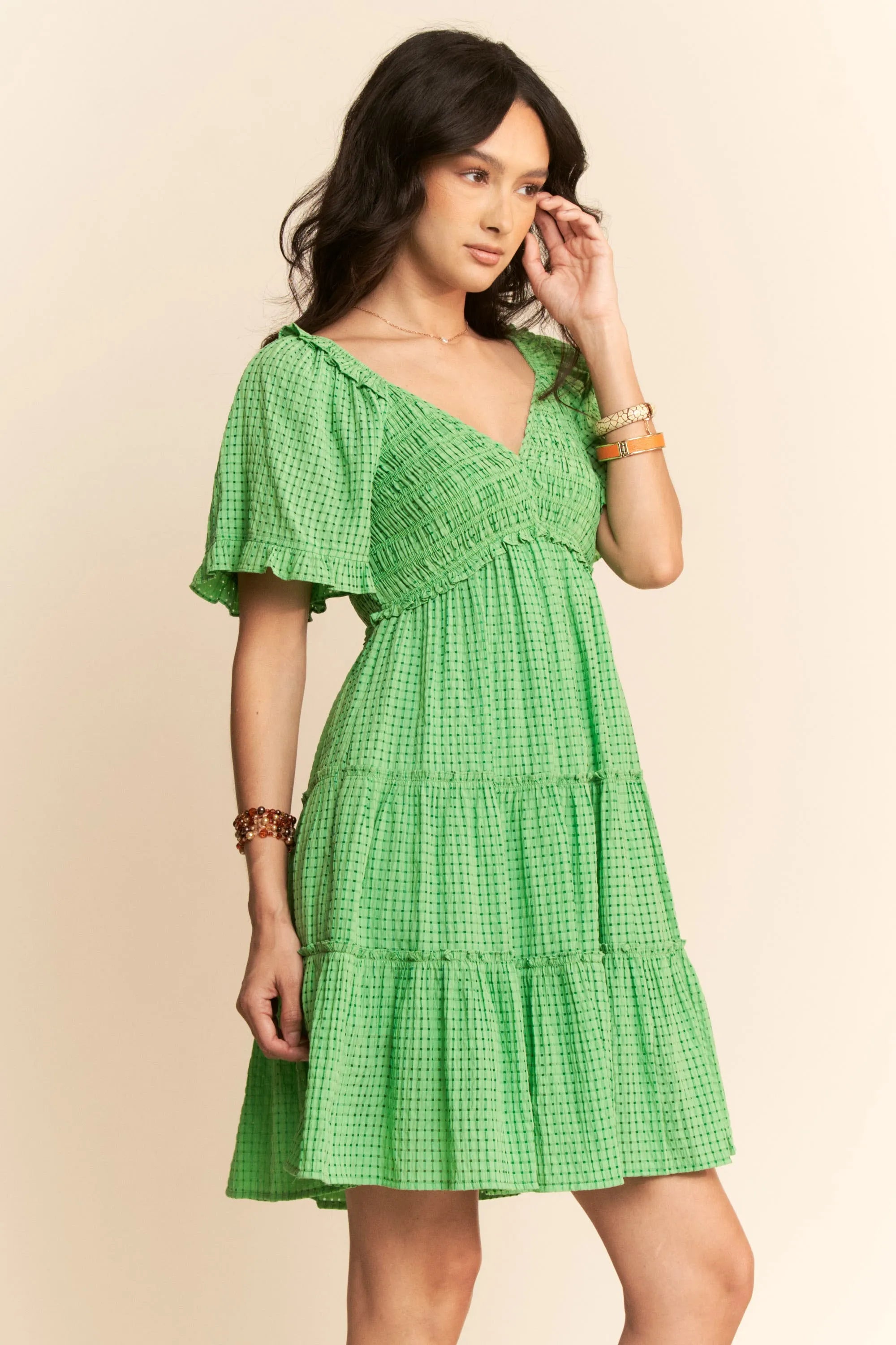 Davi & Dani Jacquard Checker Smocking Tiered Dress OutfitFlow