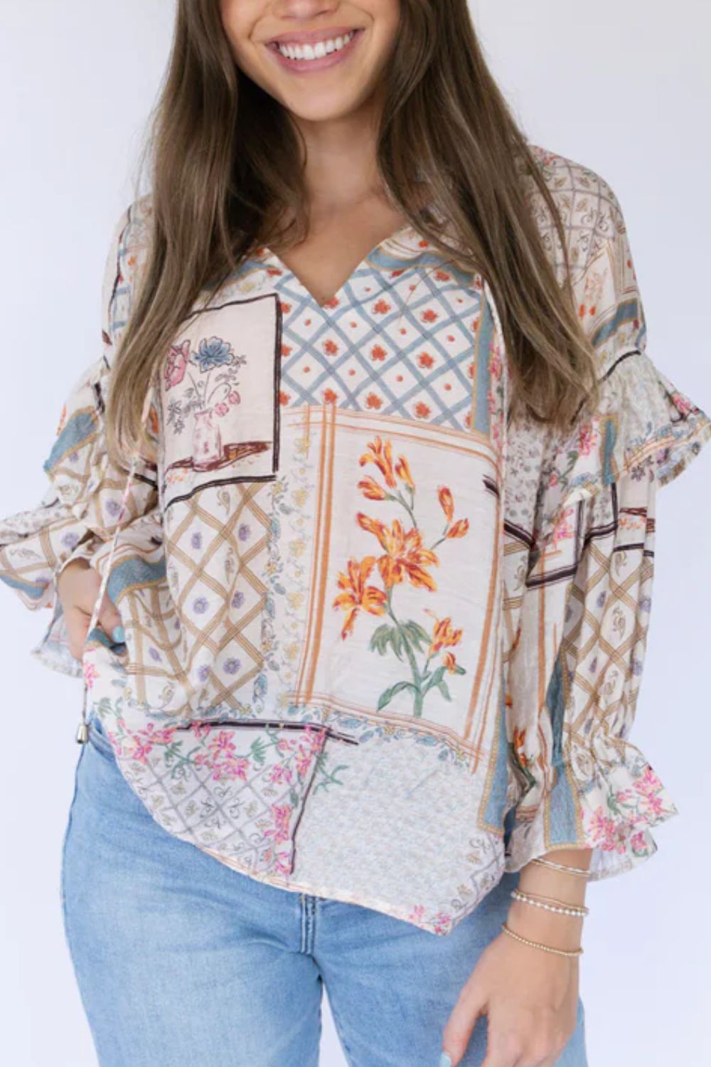 Outfit Flow - Ruffled Printed Tie Neck Three-Quarter Sleeve Blouse