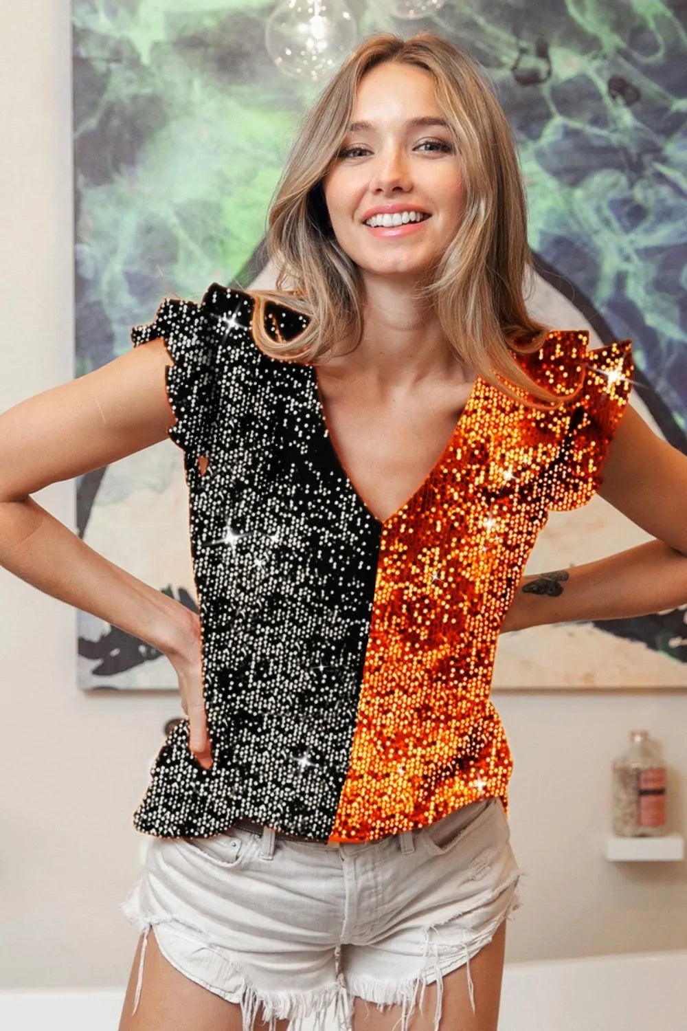BiBi Game Day Color Block Sequin Ruffled Armhole Top BLACK ORANGE OutfitFlow