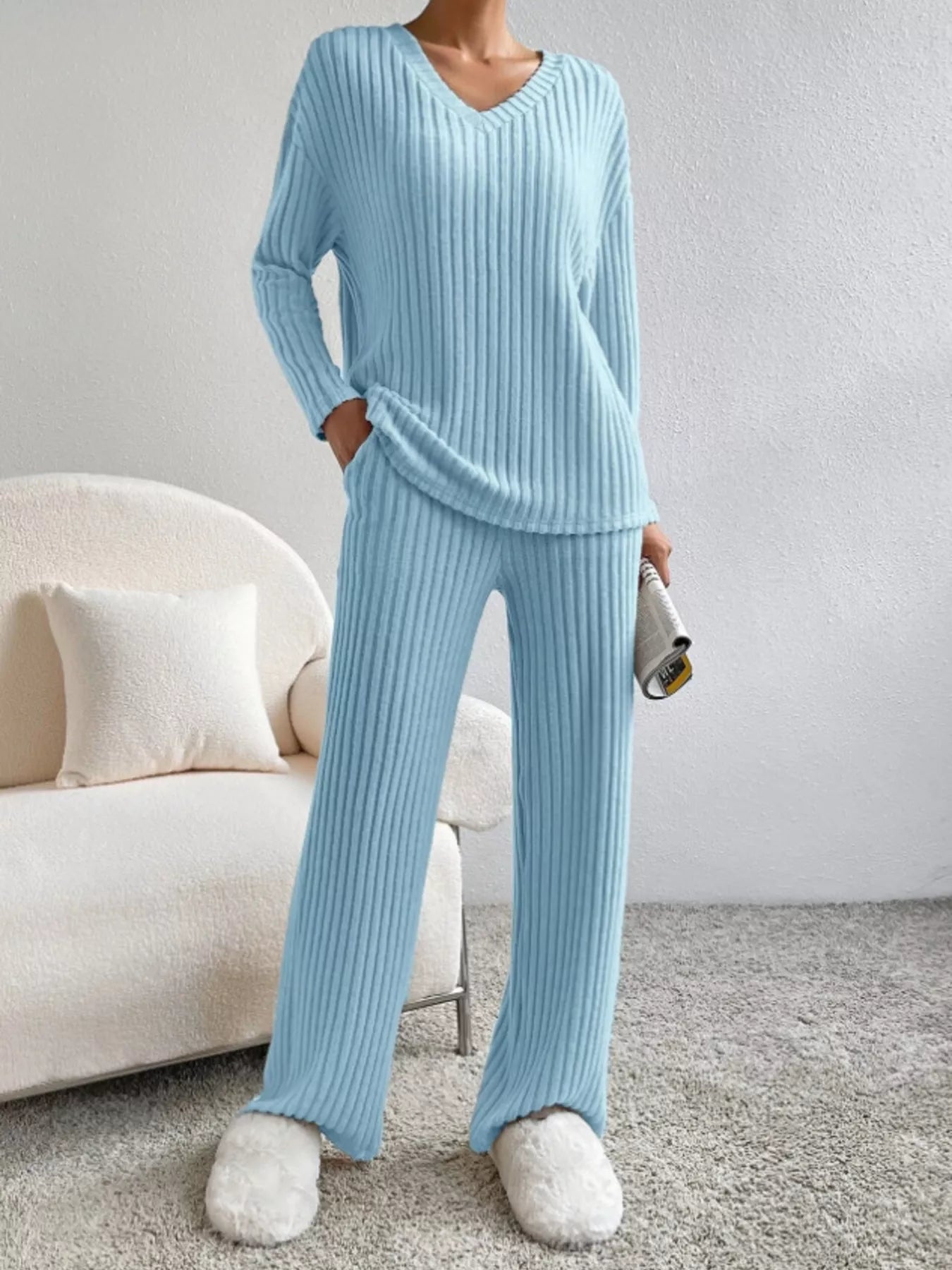 Ribbed Knit Long Sleeve Top and Pants Set Blue OutfitFlow