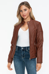 Outfit Flow - Snobbish Faux Leather Biker Jacket with Side Zip Pockets