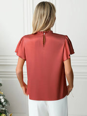 Mock Neck Flutter Sleeve Blouse OutfitFlow