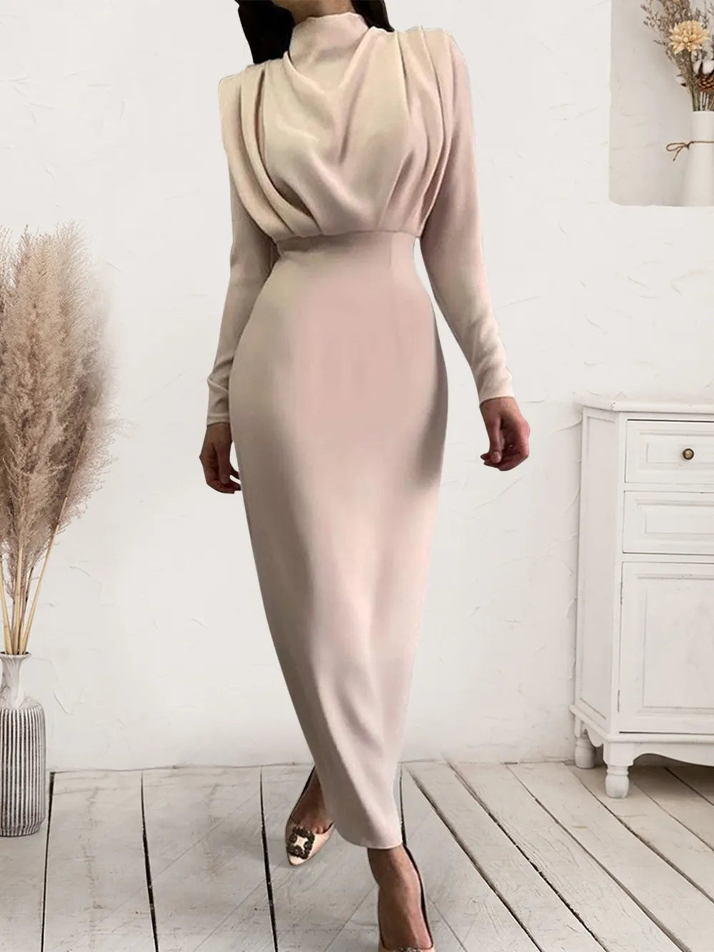 Ruched Turtleneck Long Sleeve Dress Tan OutfitFlow