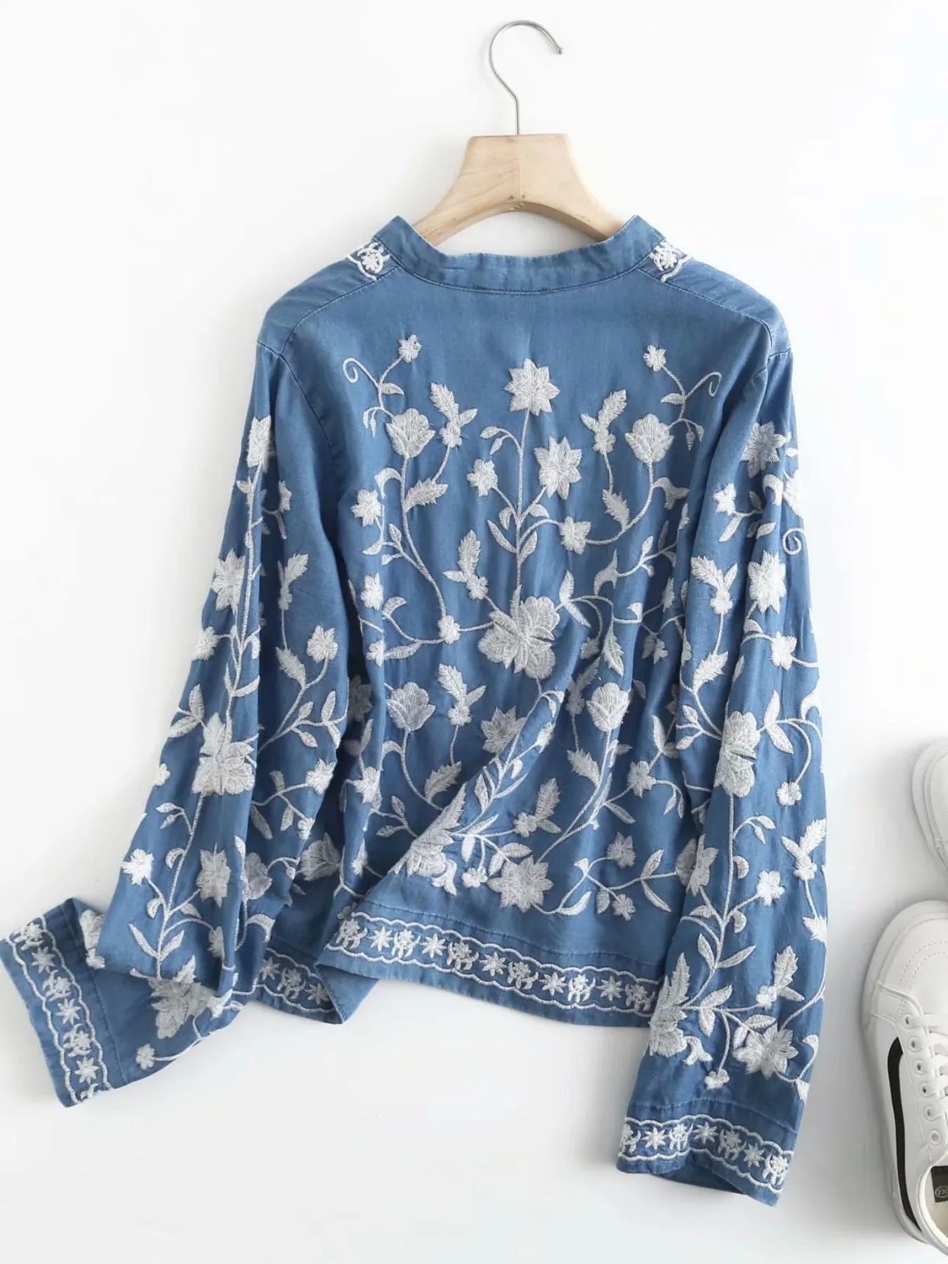 Floral Embroidered Button Up Denim Shirt OutfitFlow