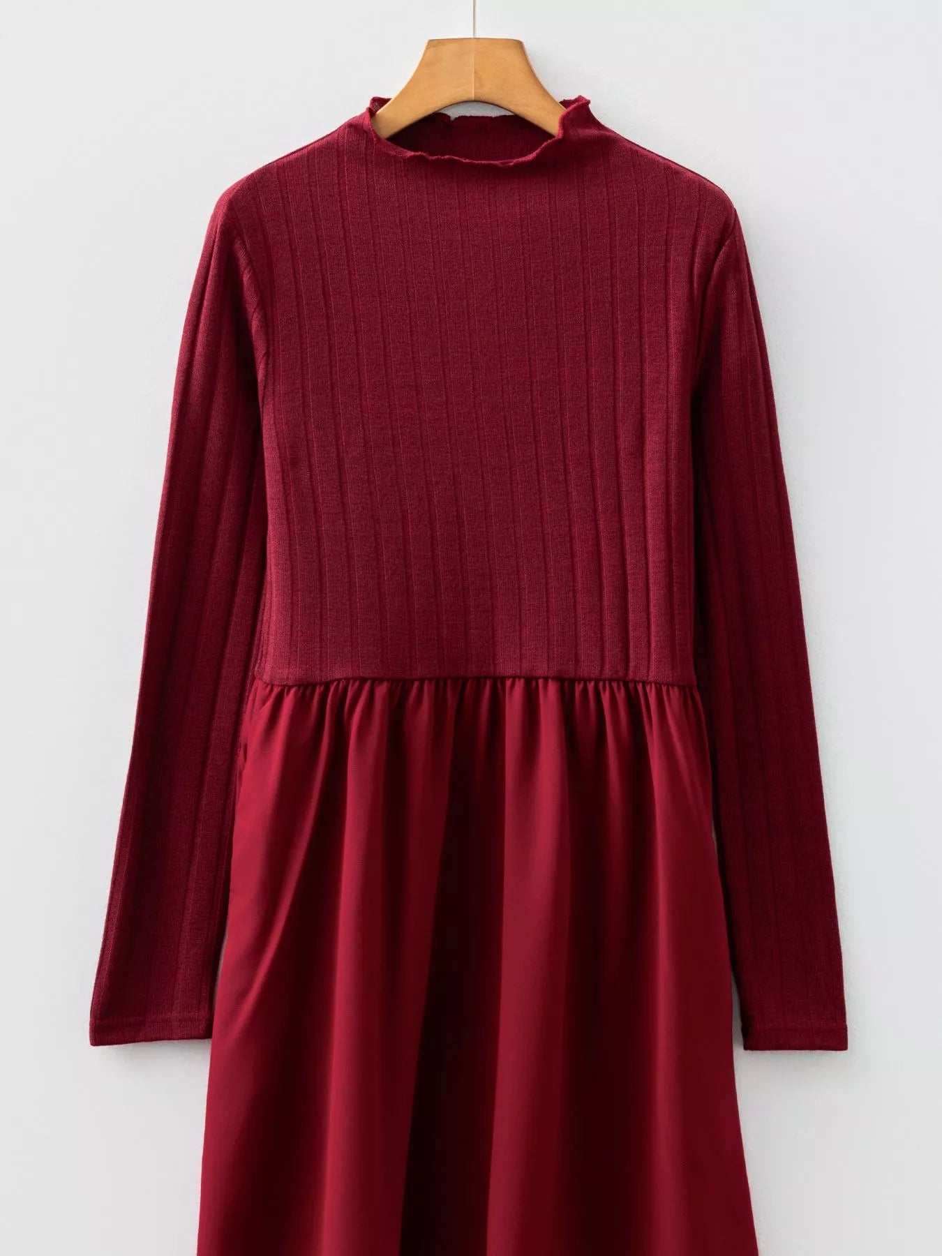 Frilled Neck Ribbed Knit Patchwork Long Sleeve Mini Dress OutfitFlow