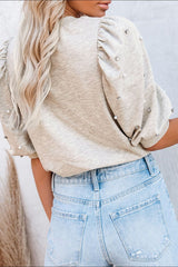 Rhinestone Pearl Detail Round Neck Puff Sleeve Top OutfitFlow