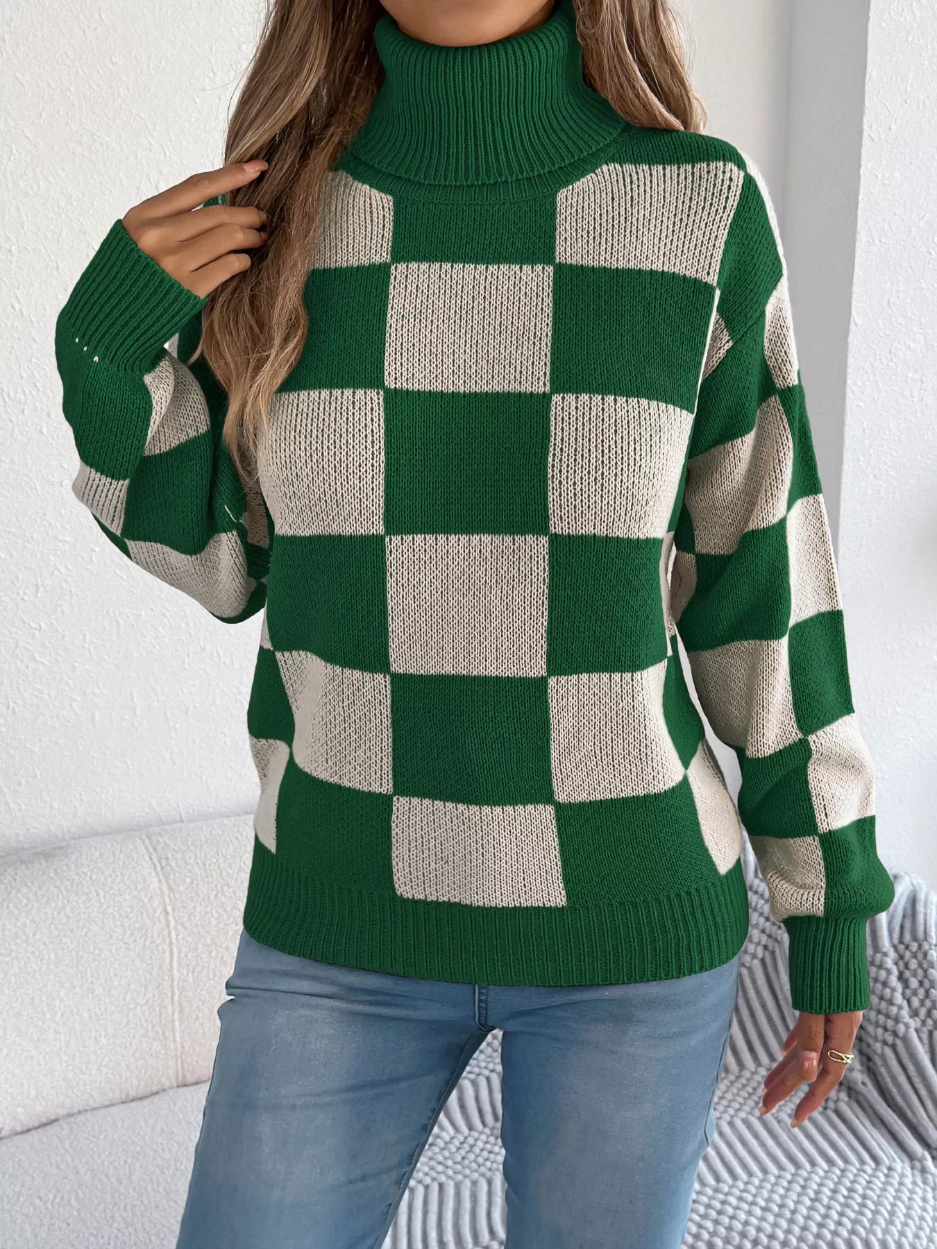 Checkered Turtleneck Long Sleeve Sweater OutfitFlow