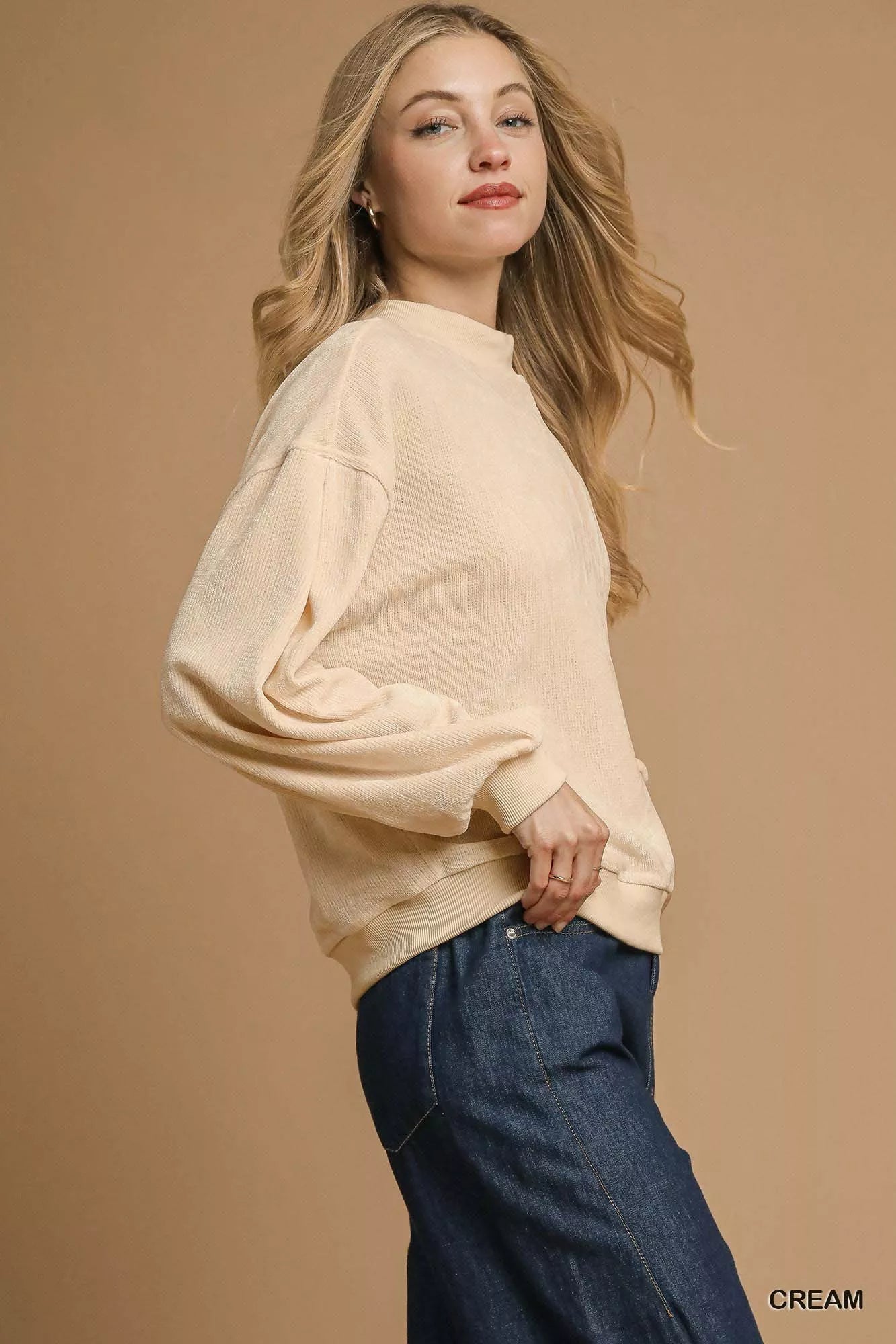 Umgee Velour Crewneck Balloon Sleeve Sweatshirt OutfitFlow
