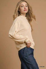 Umgee Velour Crewneck Balloon Sleeve Sweatshirt OutfitFlow