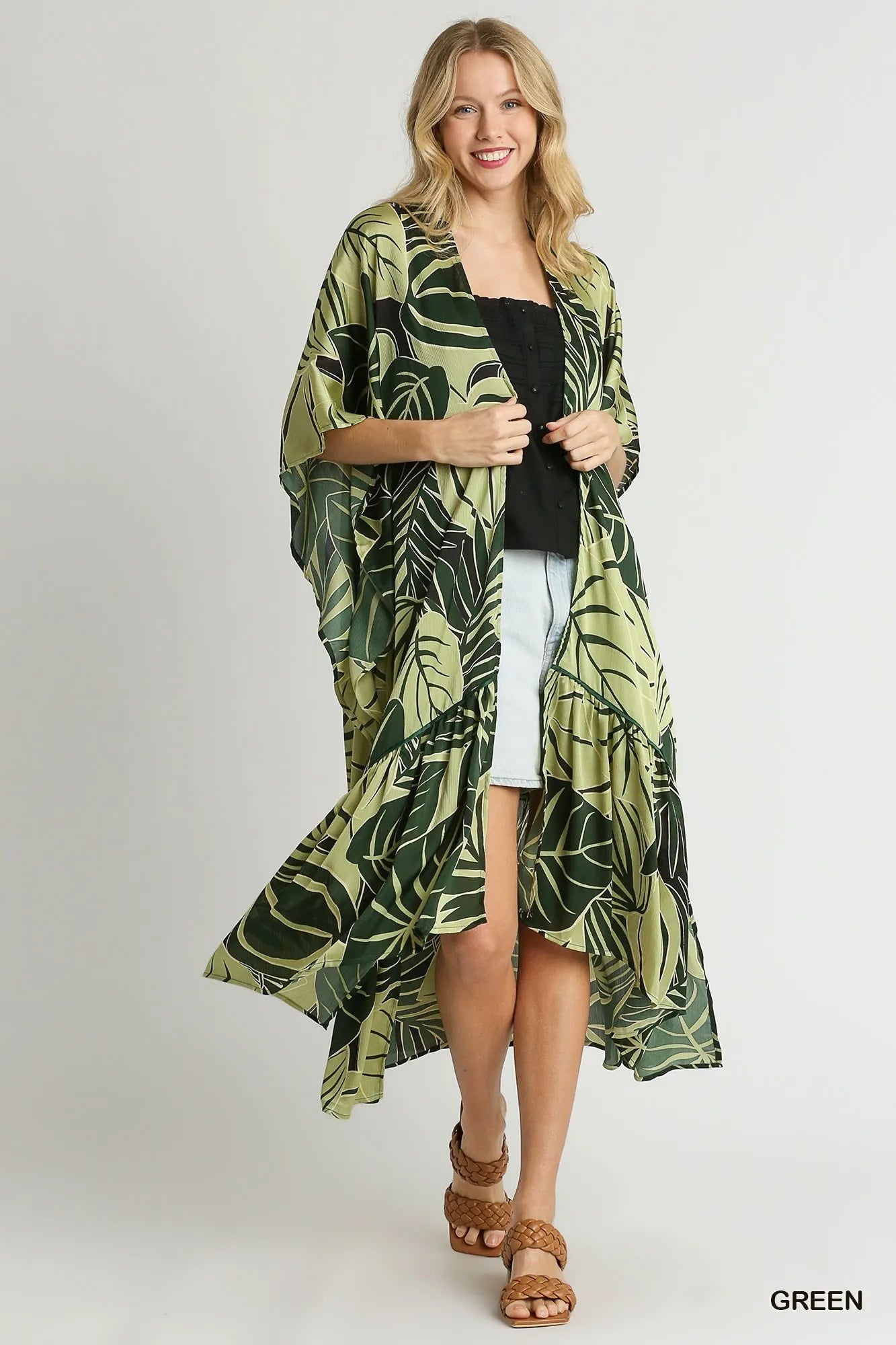 Umgee Satin Tropical Plant Print Open Front Kimono with Ruffle Details OutfitFlow