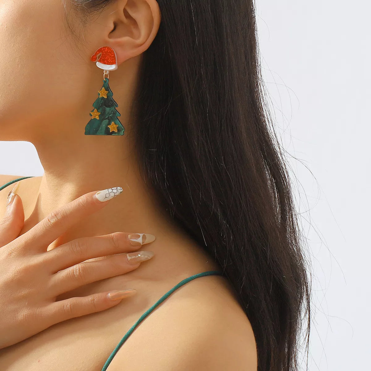 Acrylic Resin Christmas Tree Drop Earrings Dark Green One Size OutfitFlow
