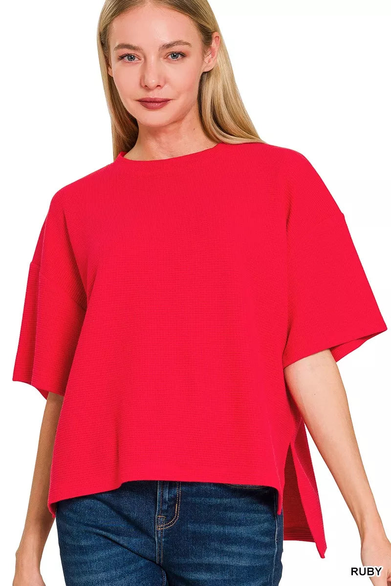Zenana Full Size Double Knit Side Slits Hi Low Short Sleeve Top Plus Size RUBY OutfitFlow