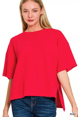 Zenana Full Size Double Knit Side Slits Hi Low Short Sleeve Top Plus Size RUBY OutfitFlow