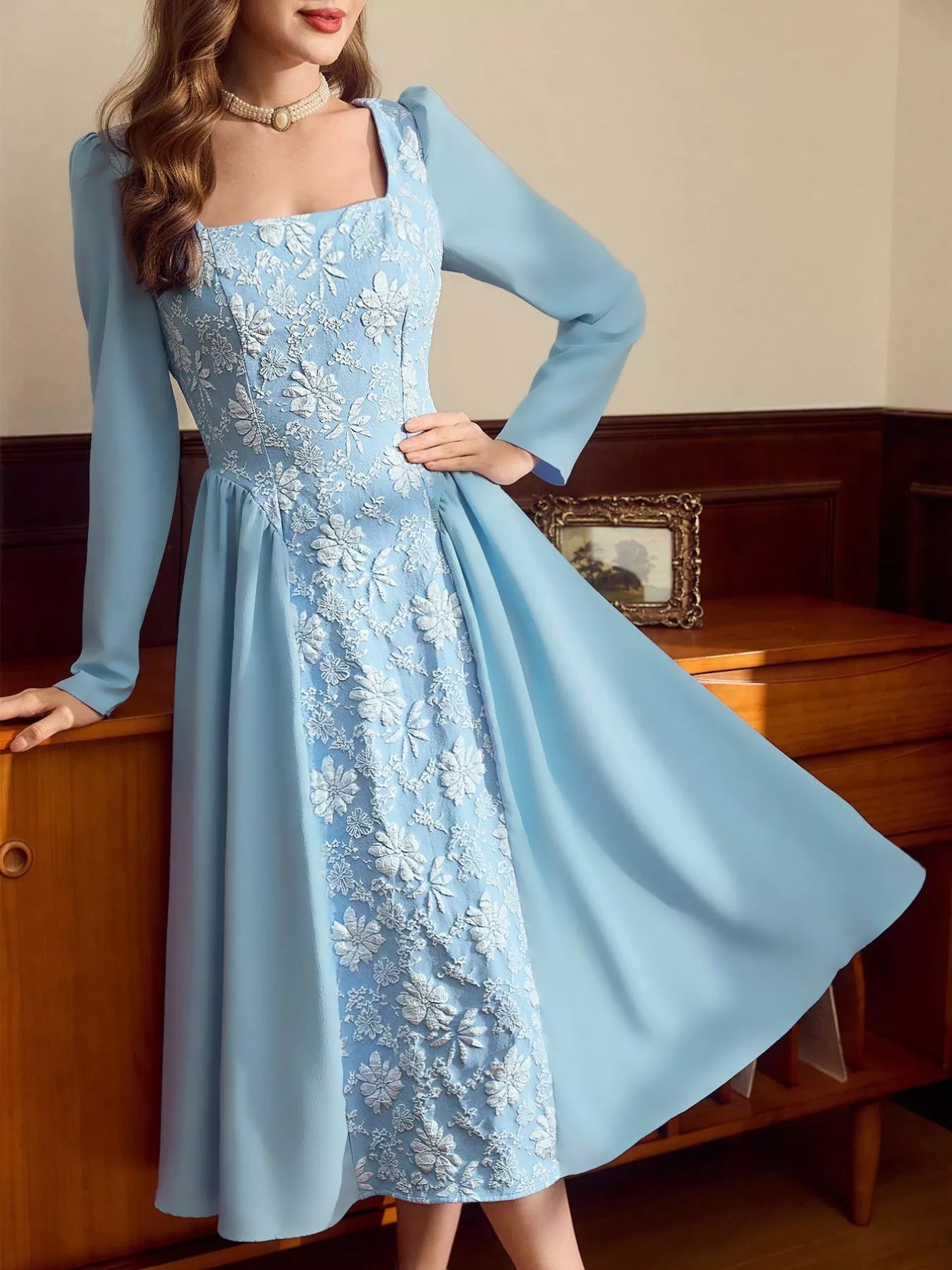 Flower Square Neck Long Sleeve Dress OutfitFlow