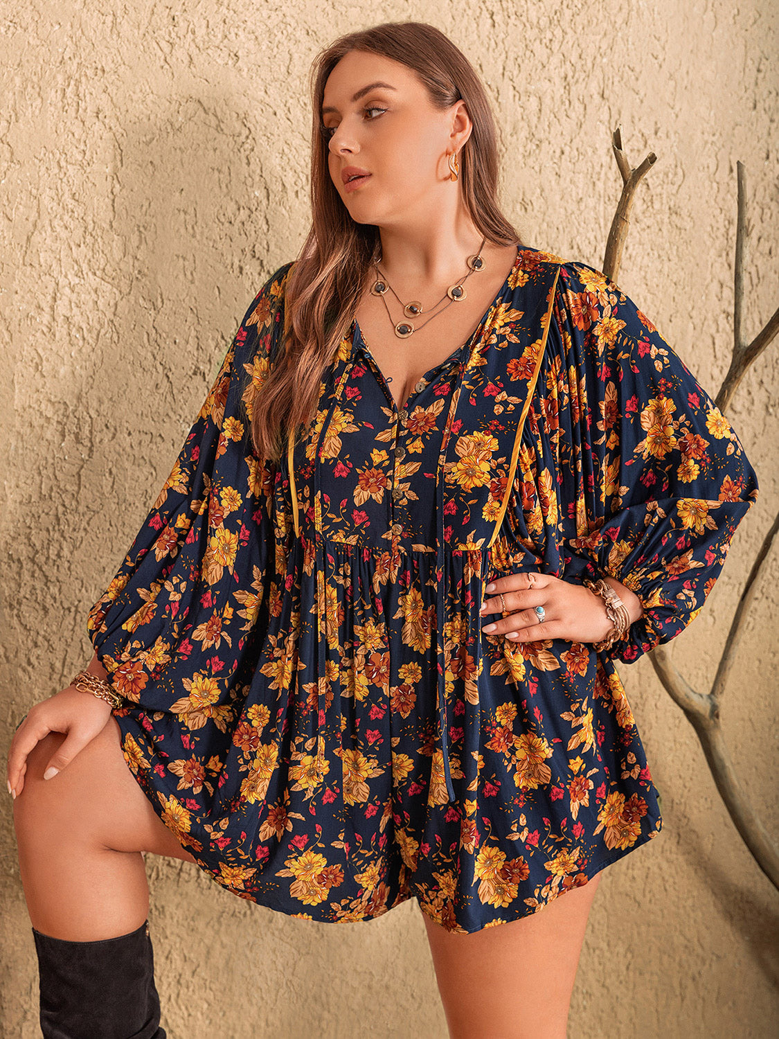 Outfit Flow - Plus Size Floral Tie Neck Balloon Sleeve Romper