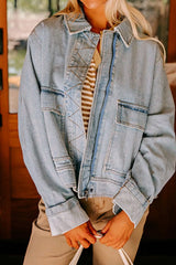 Zip Up Drop Shoulder Denim Jacket Medium OutfitFlow