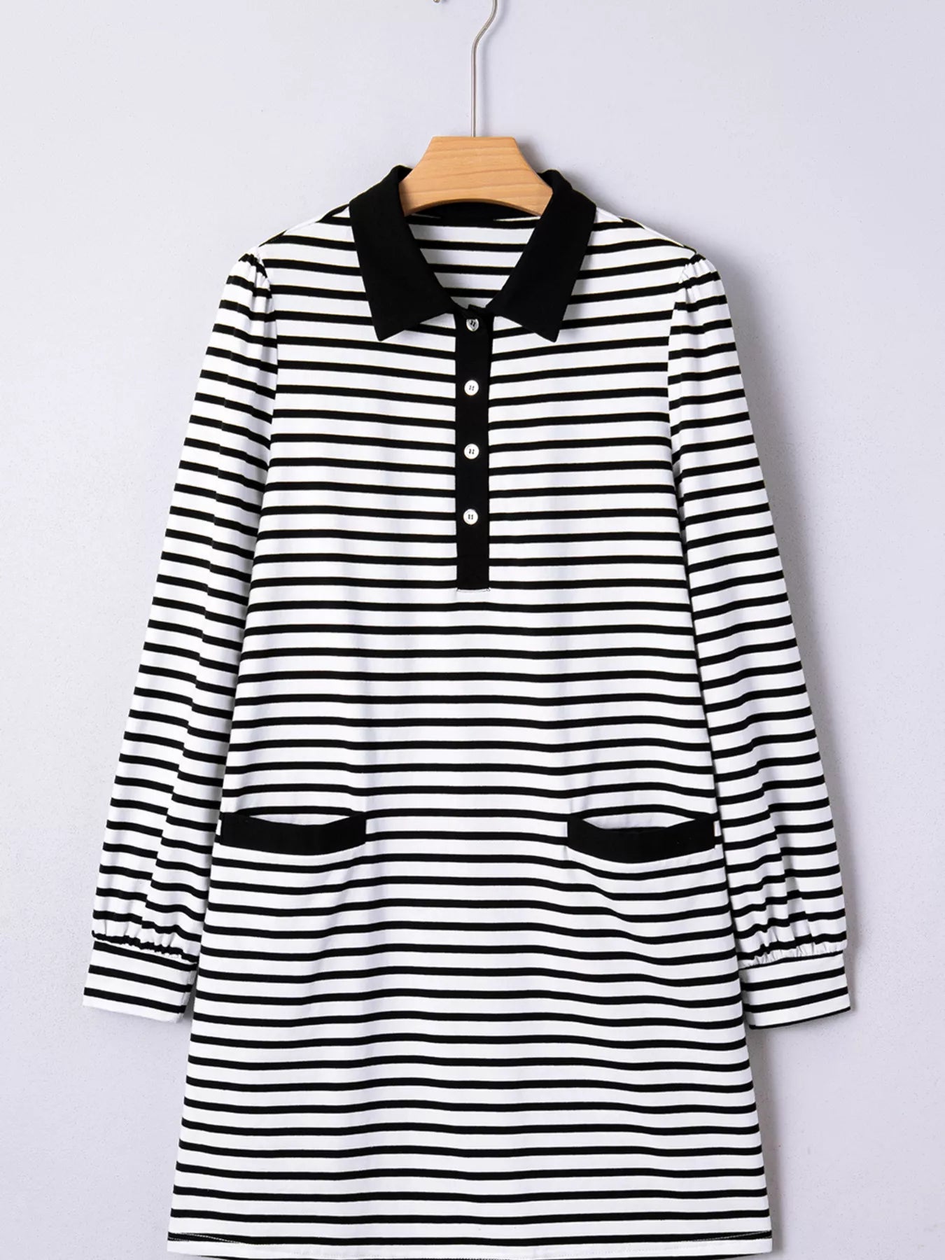 Stripe Buttoned Front Collared Long Sleeve T Shirt Dress with Pockets OutfitFlow