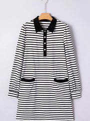 Stripe Buttoned Front Collared Long Sleeve T Shirt Dress with Pockets OutfitFlow
